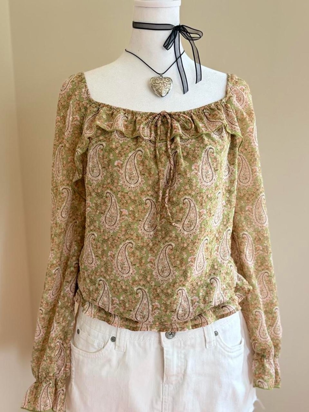 Vintage Y2K boho fairy paisley peasant blouse festival ruffle milkmaid cottage L